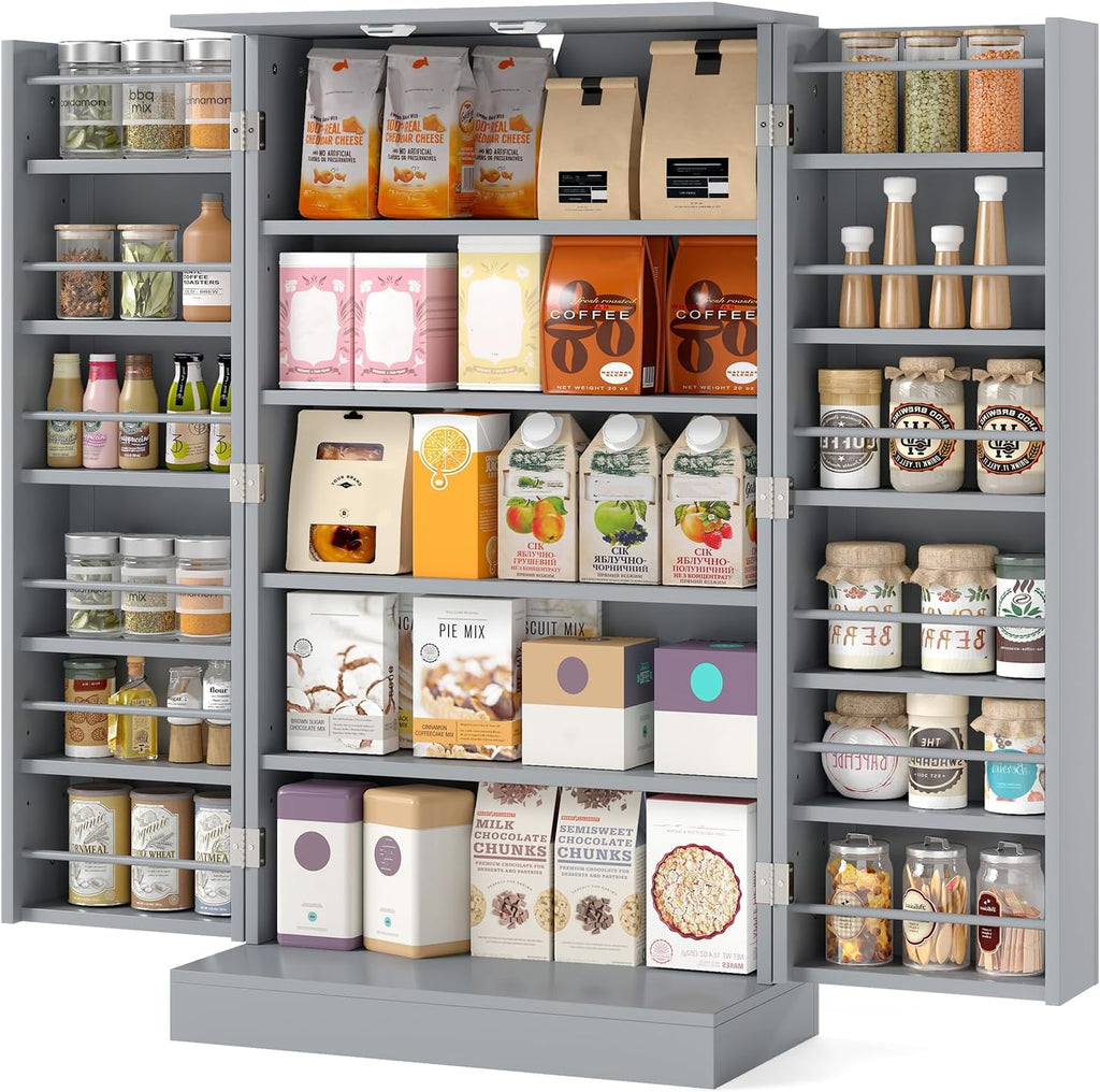 TANGZON 41"/47" Kitchen Cupboard, Kitchen Pantry Cabinet with Doors & Adjustable Shelves, Space Saving Larder Storage Cupboard Organiser for Dining Room Living Room Entryway (60 x 30 x 104cm, Grey)