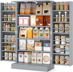 TANGZON 41"/47" Kitchen Cupboard, Kitchen Pantry Cabinet with Doors & Adjustable Shelves, Space Saving Larder Storage Cupboard Organiser for Dining Room Living Room Entryway (60 x 30 x 104cm, Grey)