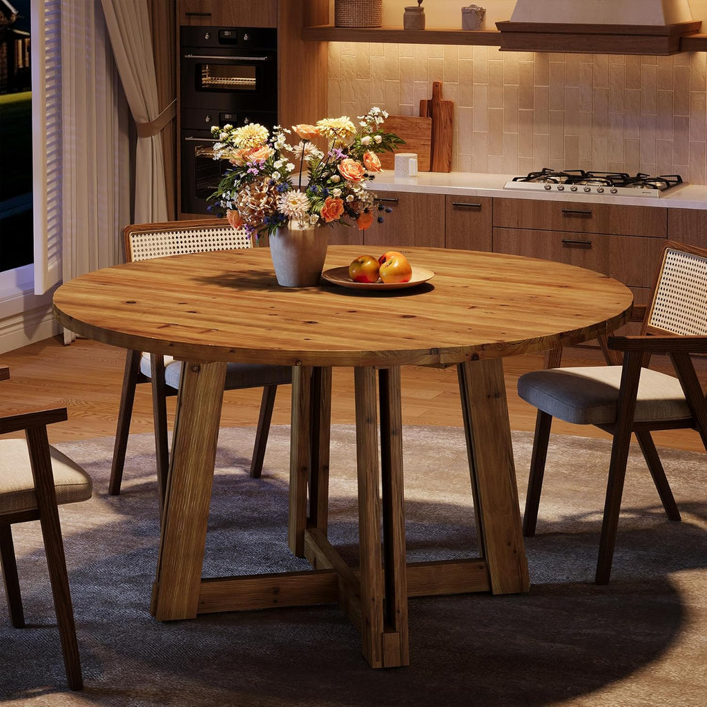 47.3" Solid Wood Dining Table for 4-6, Round Kitchen Table with Wood Legs, Farmhouse Kitchen & Dining Room Furniture, Brown