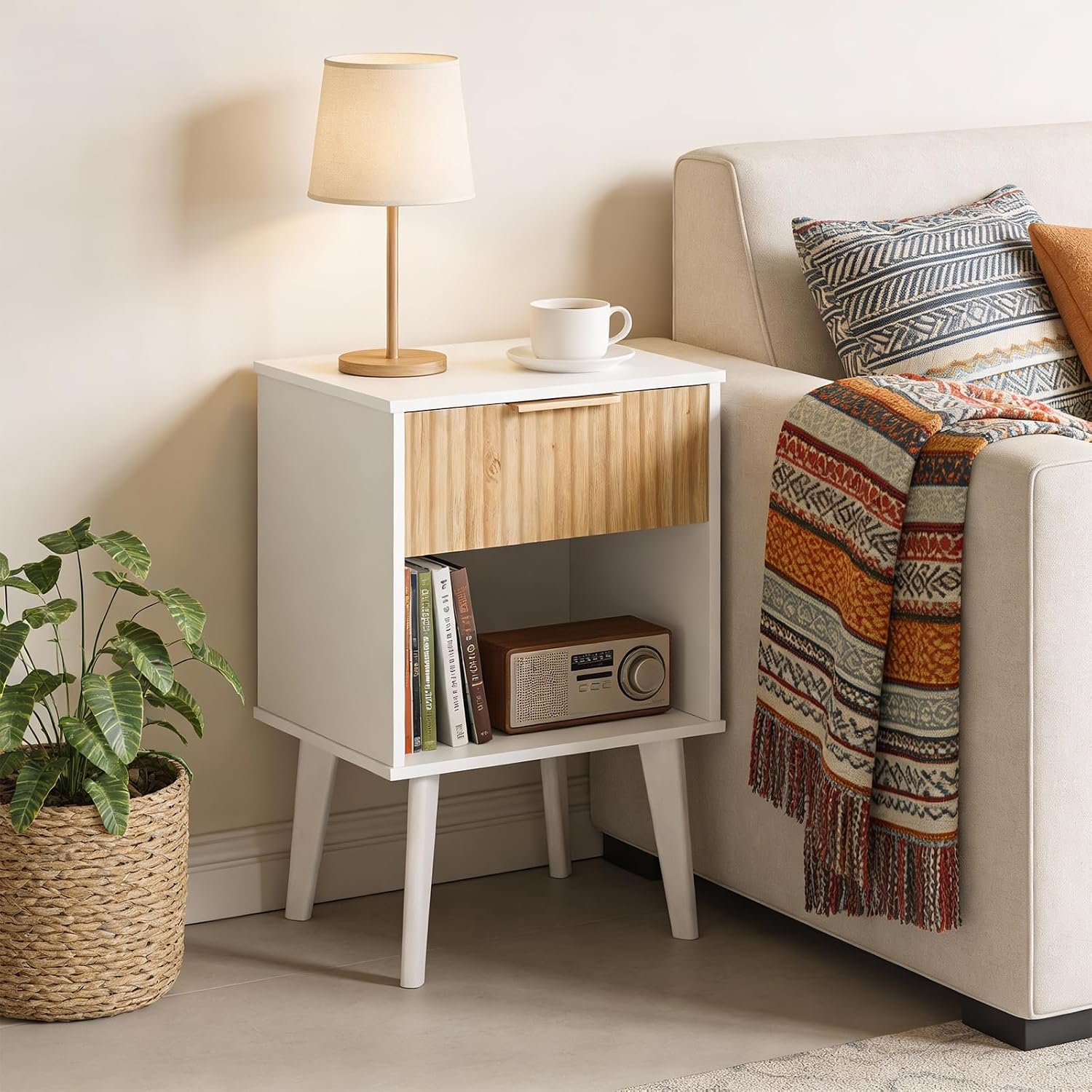MAHANCRIS White Fluted Nightstand, Modern Bedside Table with Drawer and Opening Storage, Night Stand with Wood Legs, End Table Side Table for Living Room, Bedroom, Small Space, Natural ETBN6201