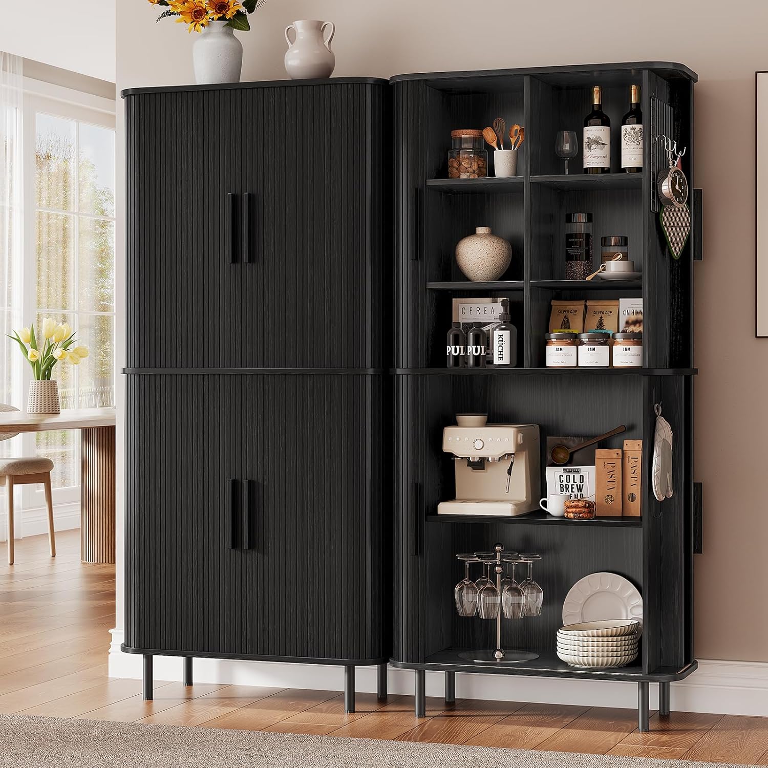 71" Tall Fluted Pantry Cabinet, Mid-Century Modern Kitchen Pantry Storage Cabinet with 2 Pegboards, 10 Hooks, Freestanding Cupboard with 4 Adjustable Shelves, Sliding Doors (Black)
