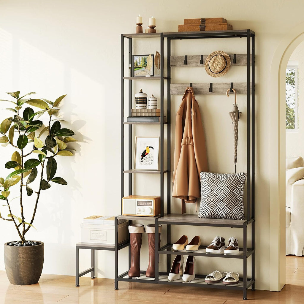 Espelism Hall Tree with Shoe Storage Bench Coat Rack with 7 Hooks Interchangeable 4 Tier Side Storage Shelves Small Cute Side Bench Industrial 5-in-1 Entryway Coat Rack for Hallway Mudroom Bedroom