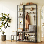 Espelism Hall Tree with Shoe Storage Bench Coat Rack with 7 Hooks Interchangeable 4 Tier Side Storage Shelves Small Cute Side Bench Industrial 5-in-1 Entryway Coat Rack for Hallway Mudroom Bedroom