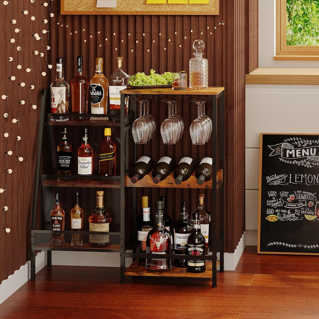 Versatile Liquor Stand for Home Bar, Wine Rack Freestanding Floor, Mini Bar Table for Liquor Whiskey Wine, 3-Tier Trapezoidal Liquor Bottle Display Shelf with Glass Holder and Fences(Patent Pending)