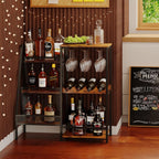 Versatile Liquor Stand for Home Bar, Wine Rack Freestanding Floor, Mini Bar Table for Liquor Whiskey Wine, 3-Tier Trapezoidal Liquor Bottle Display Shelf with Glass Holder and Fences(Patent Pending)