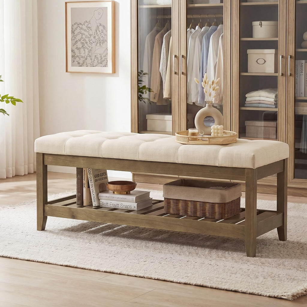 SONGMICS Entryway Storage Bench with Solid Wood Frame, Console Table with Storage, Sofa Table, Ottoman with Tufted Cushion, for Living Room, 15.7 x 42.9 x 17.7 Inches, Summer Sand ULSF009LF01
