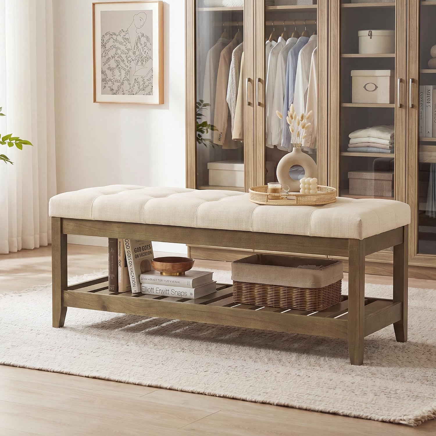 SONGMICS Entryway Storage Bench with Solid Wood Frame, Console Table with Storage, Sofa Table, Ottoman with Tufted Cushion, for Living Room, 15.7 x 42.9 x 17.7 Inches, Summer Sand ULSF009LF01
