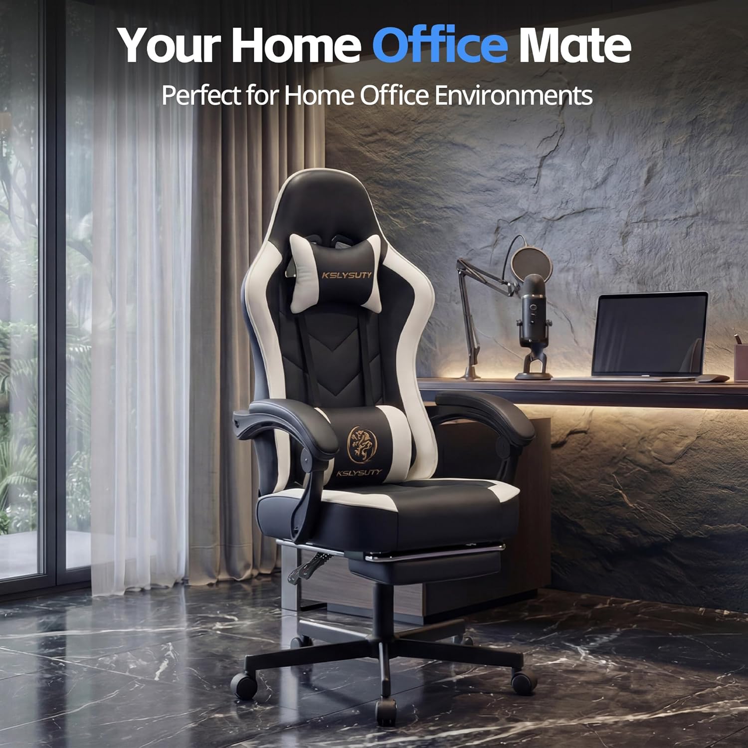 Desk Computer Gaming Chair - High Back Ergonomic Office Chair with Footrest and Lumbar Support, Swivel Comfy Home Gamer Video Game Chairs with Pocket Spring Cushion for Adults (White Leather)