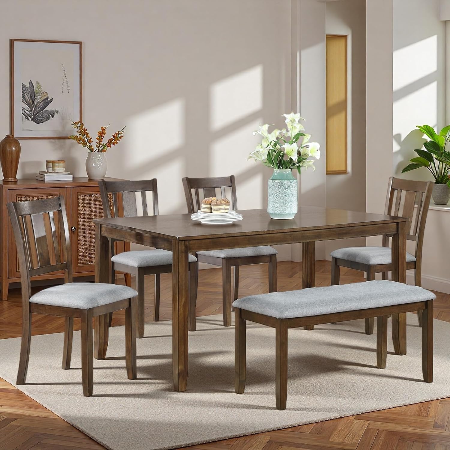 6-Piece Dining Table Set for 6, Counter Height Kitchen Set with Rectangular Wooden Table, Bench & 4 Chairs, Living Room Chairs with Comfortable Seating, Dining Table & Chair for Home, Walnut