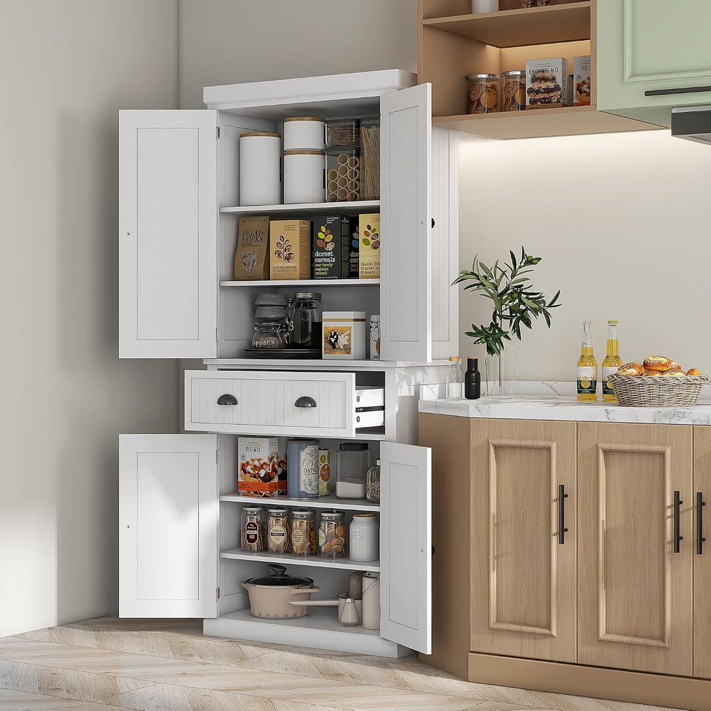 72" Farmhouse Kitchen Pantry Cabinet with Drawer and Adjustable Shelves - White