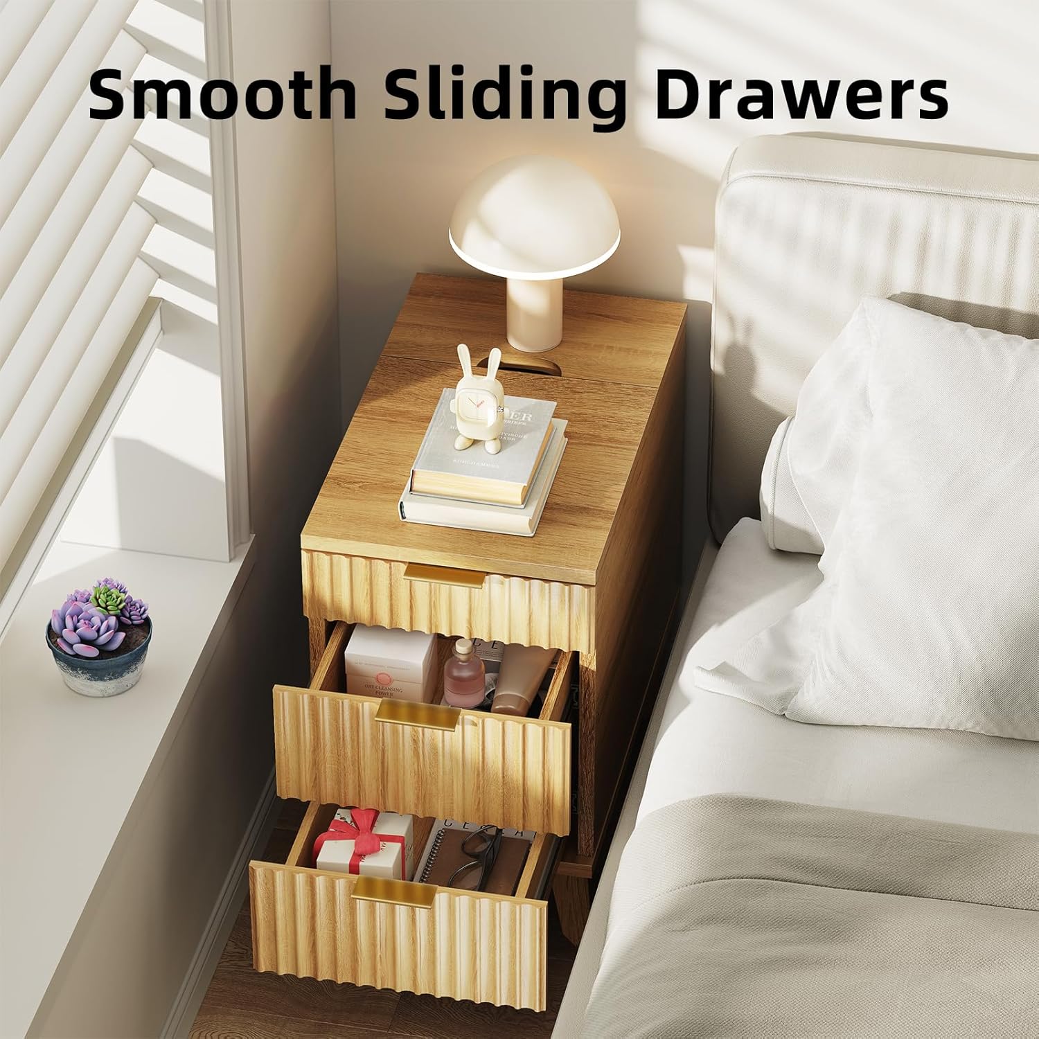 Kalrin Charging Nightstand with Hidden Outlets & 3 Drawers, Modern End Table, Bedside Table with USB Ports, Wave Groove Design, Compact Size, Heavy Duty Engineered Wood, Natural Wood Color