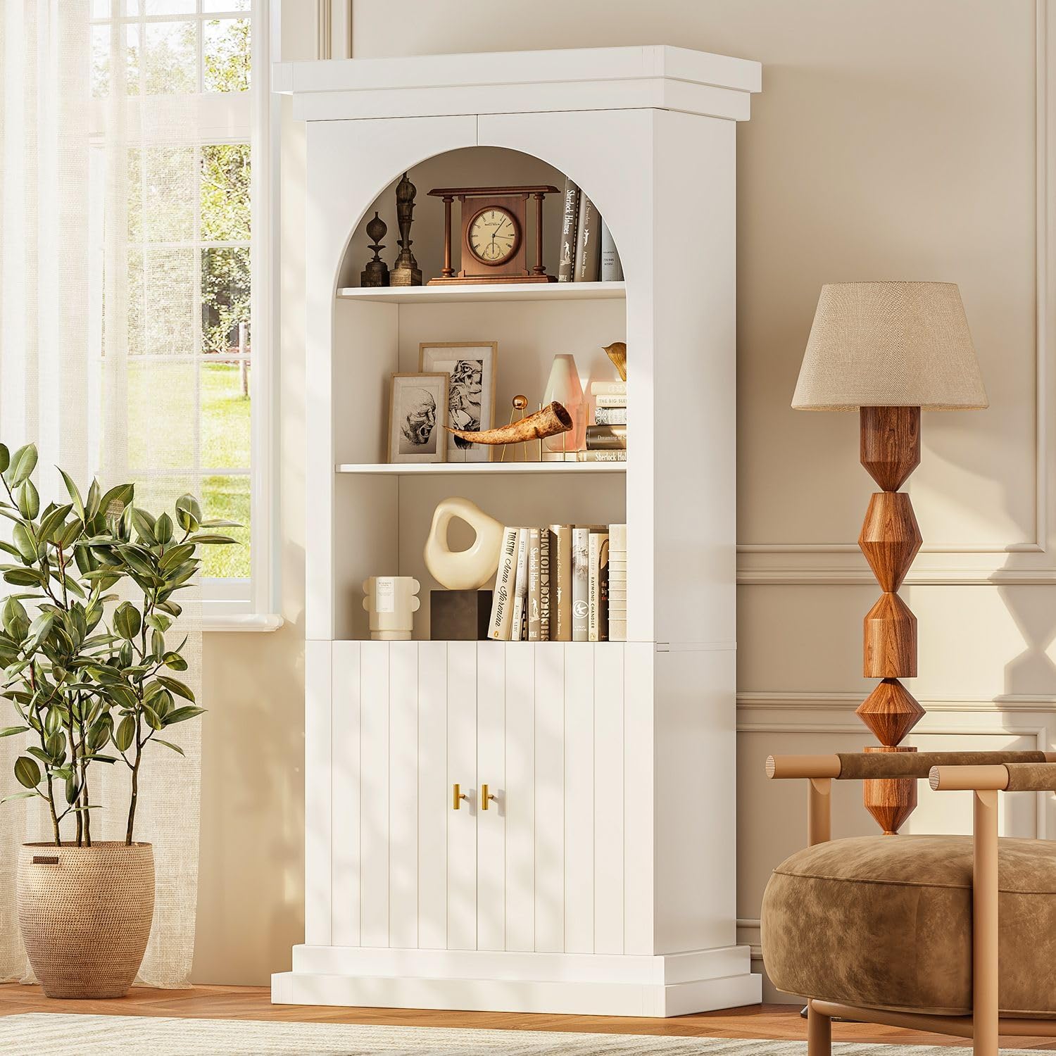 71" Arched Kitchen Pantry Cabinet, Tall Half Open Storage Cabinet with Drawers, Modern Display Hutch for Dining Room, Living Room, White with Gold Handles, 2 of Set