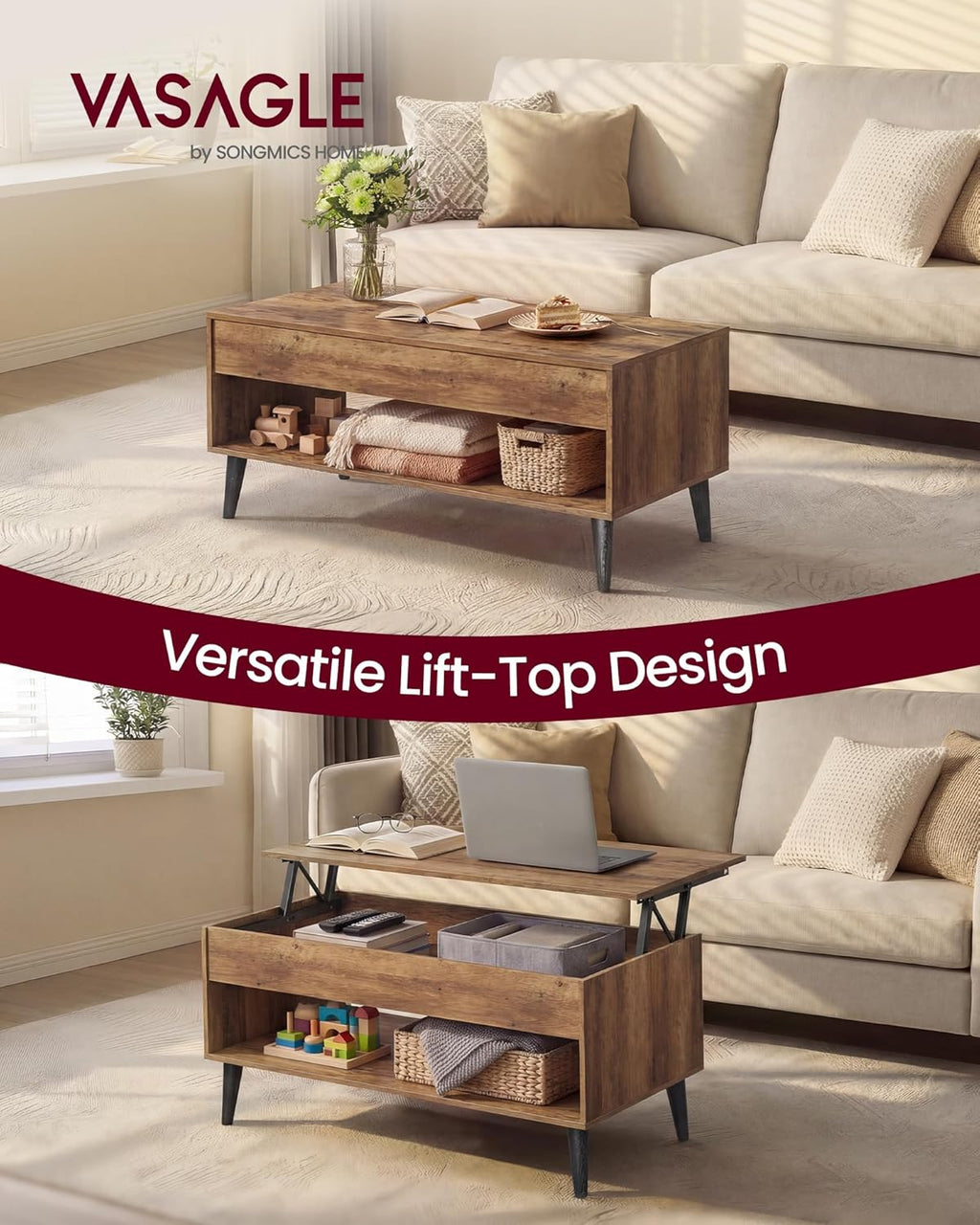 VASAGLE Lift Top Coffee Table, Lift Tabletop Dining Table, Gas Spring, Hidden Compartment, Open Storage Shelf, for Living Room, Home Office, Honey Brown ULCT268KB01S