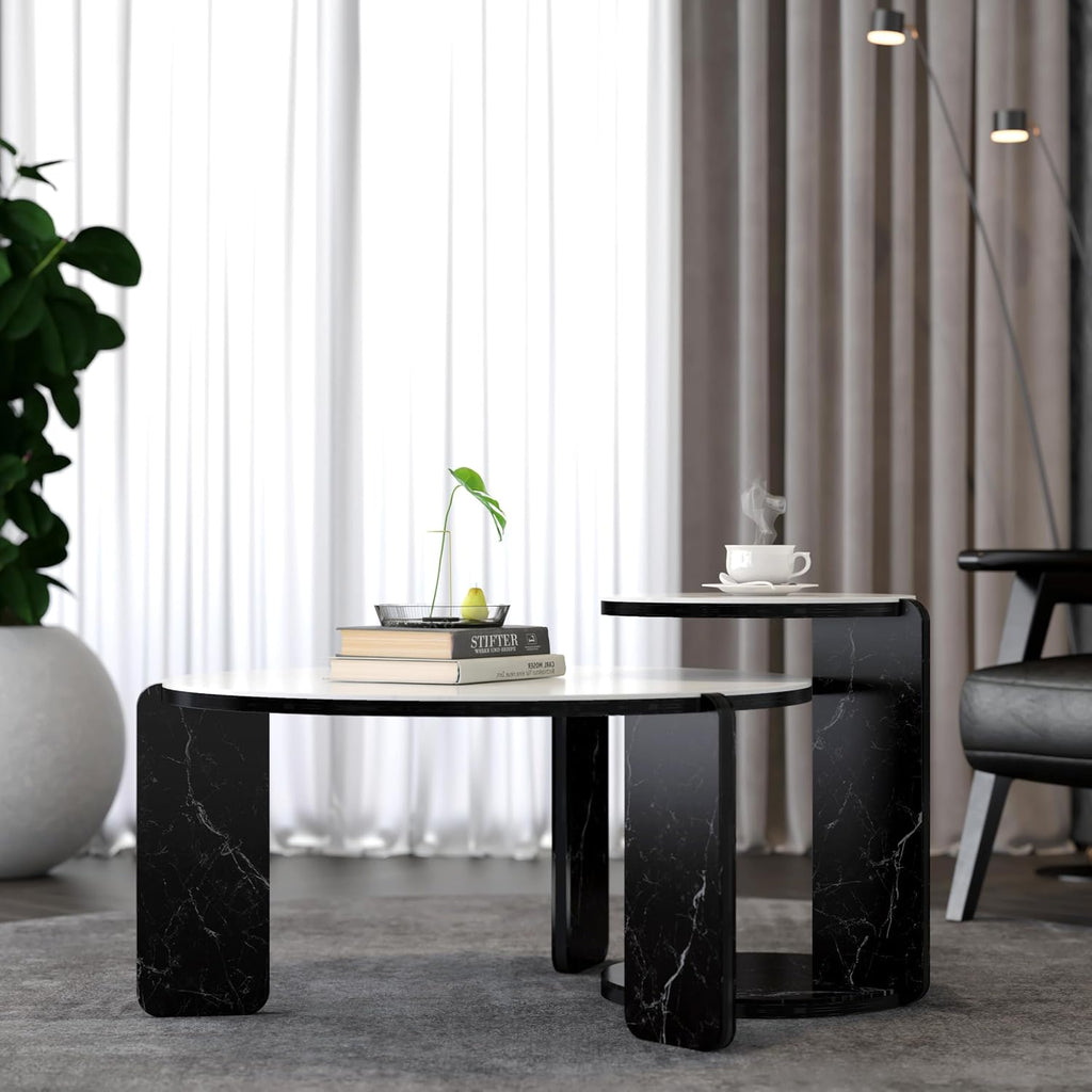 Set of 2 Round Nesting Coffee Table for Small Place, living room end table with white sintered stone top, 32.68" + 16.93" diameter Side Table Night Stand for Bed Room Dining Room, 83+ 43 cm sofa table