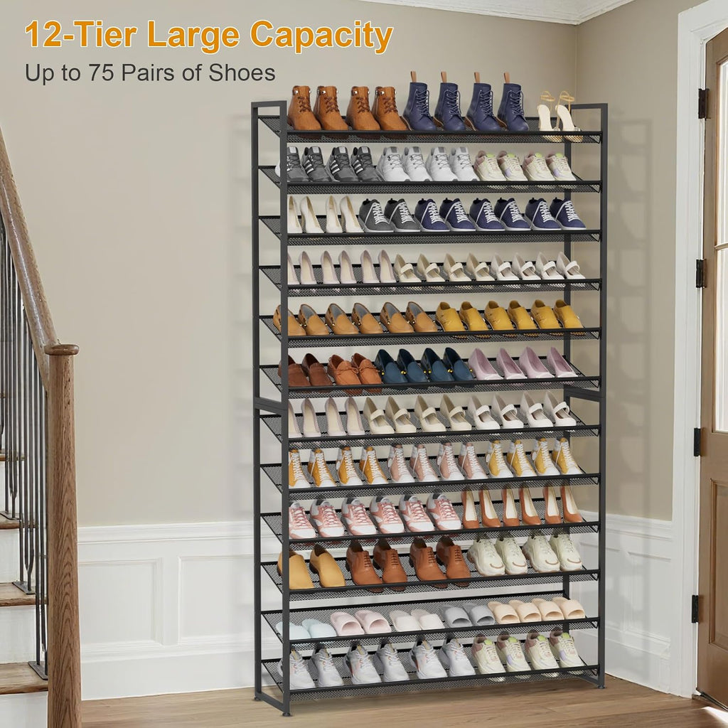 Large Shoe Rack 12 Tier Shoe Organizer, Heavy Duty Metal 6-Tier Stackable Shoe Storage Vertical Shoe Rack for Closet Front Door Entrance, Up to 75 Pairs, 44.8" W x 11.4" D x 85.1" H, Black
