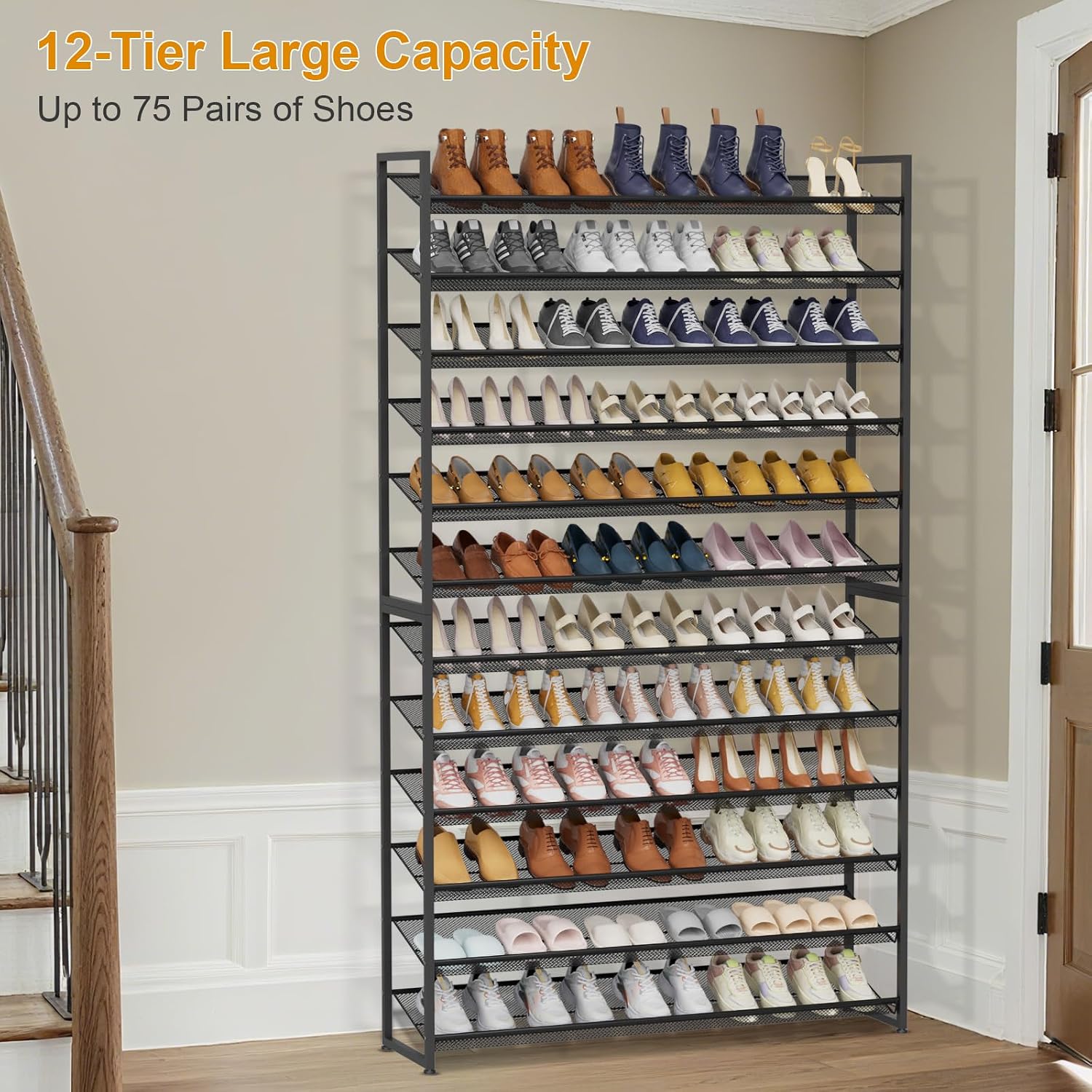 Large Shoe Rack 12 Tier Shoe Organizer, Heavy Duty Metal 6-Tier Stackable Shoe Storage Vertical Shoe Rack for Closet Front Door Entrance, Up to 75 Pairs, 44.8" W x 11.4" D x 85.1" H, Black
