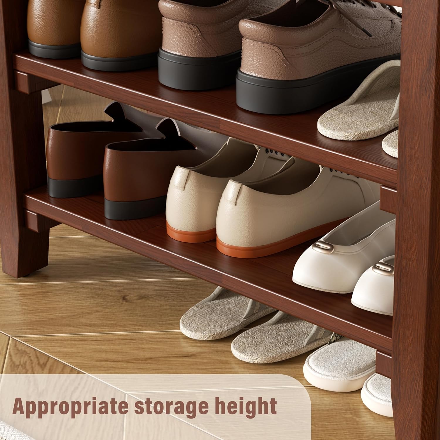 Shoe Rack Bench Mid Century Modern 2-Tier Shoe Rack Organizer for Entryway Hallway or Living Room Farmhouse Rustic Wooden Seat Bench Brown 11.8" Dx39.4 Wx16.5 H