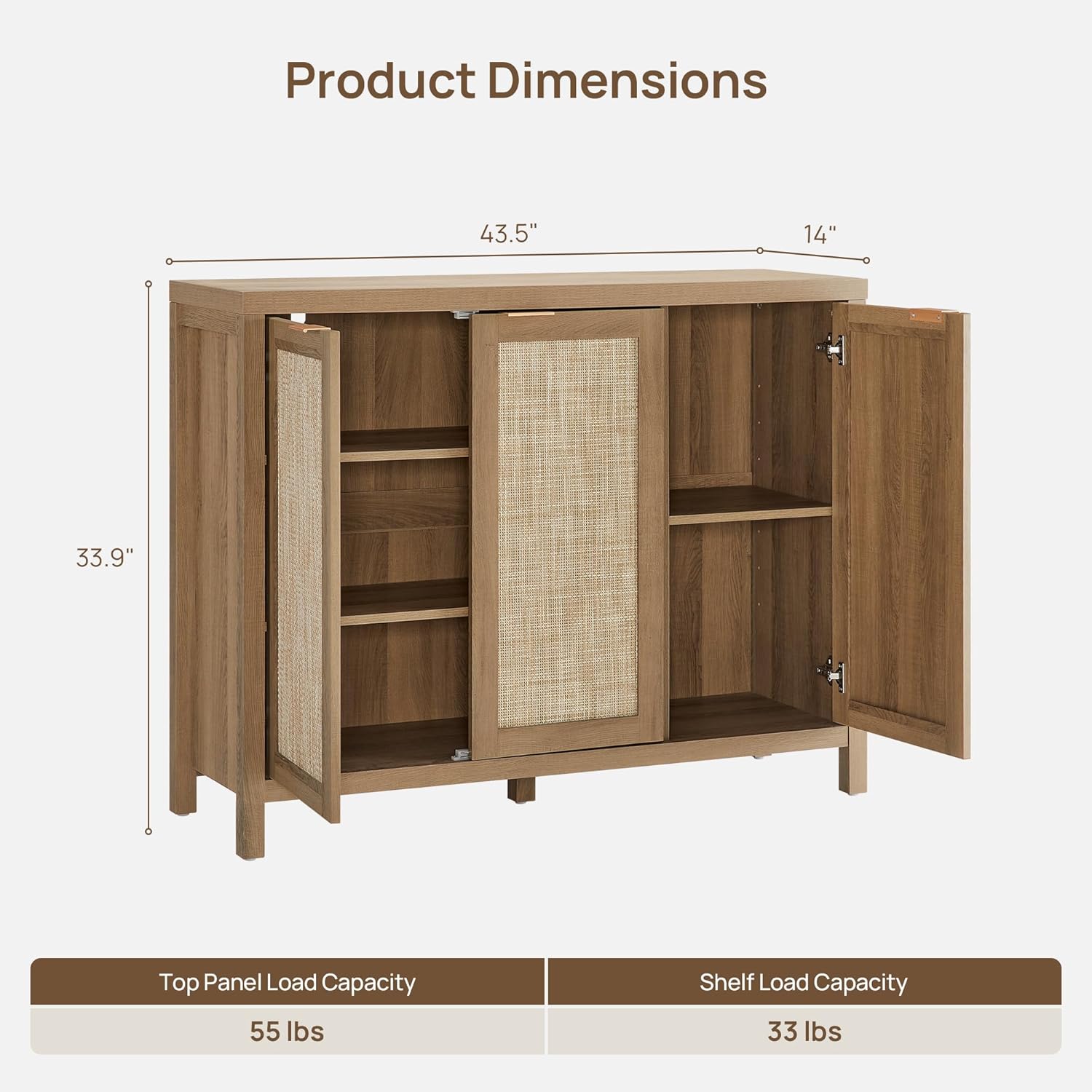 SICOTAS Rattan Buffet Cabinet with Storage 43.5" Sideboard Cabinet with 3 Doors & Adjustable Shelves Wood Sideboard Credenza Storage Cabinets for Entryway Living Room Reclaimed Caramel Oak