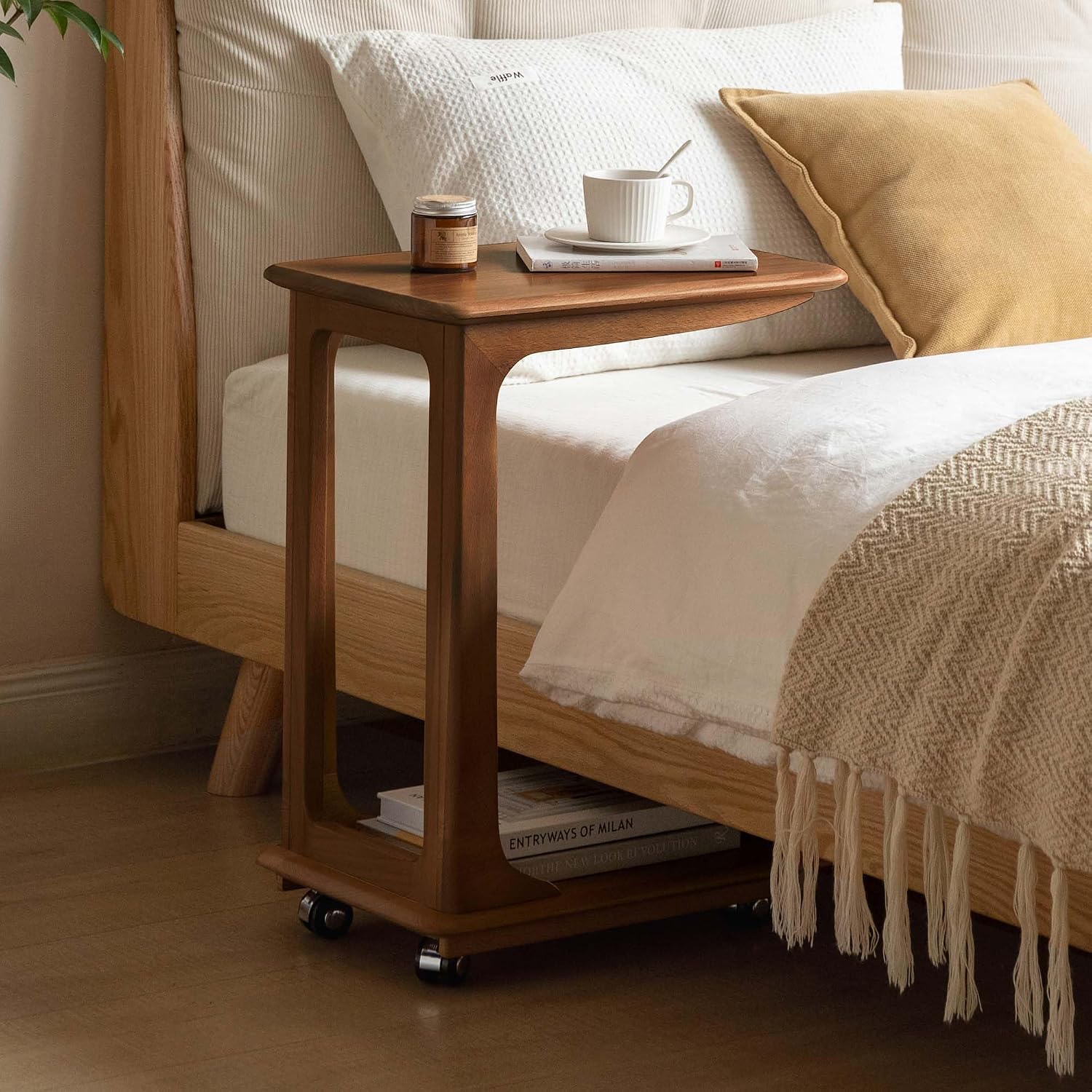 YESWOOD 100% Solid Wood C Shaped Side Table with Wheels, Small Side Table for Living Room, Wooden End Table for Couch, Walnut Bed Side Tables for Bedroom(24.5" H)