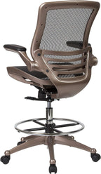 EMMA + OLIVER Mid-Back Transparent Black Mesh Drafting Chair with Gold Frame and Flip-Up Arms