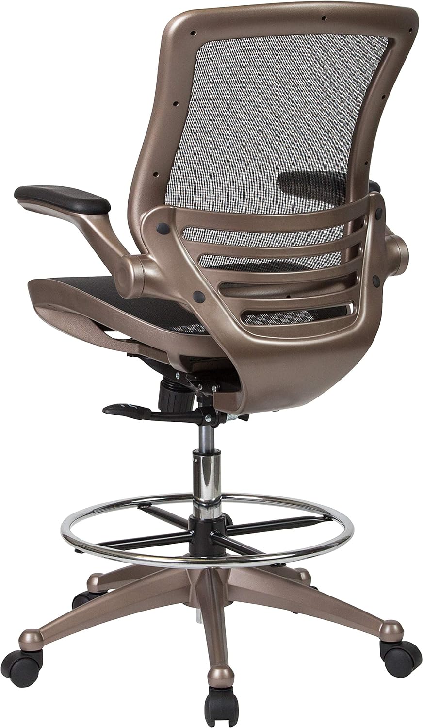 EMMA + OLIVER Mid-Back Transparent Black Mesh Drafting Chair with Gold Frame and Flip-Up Arms