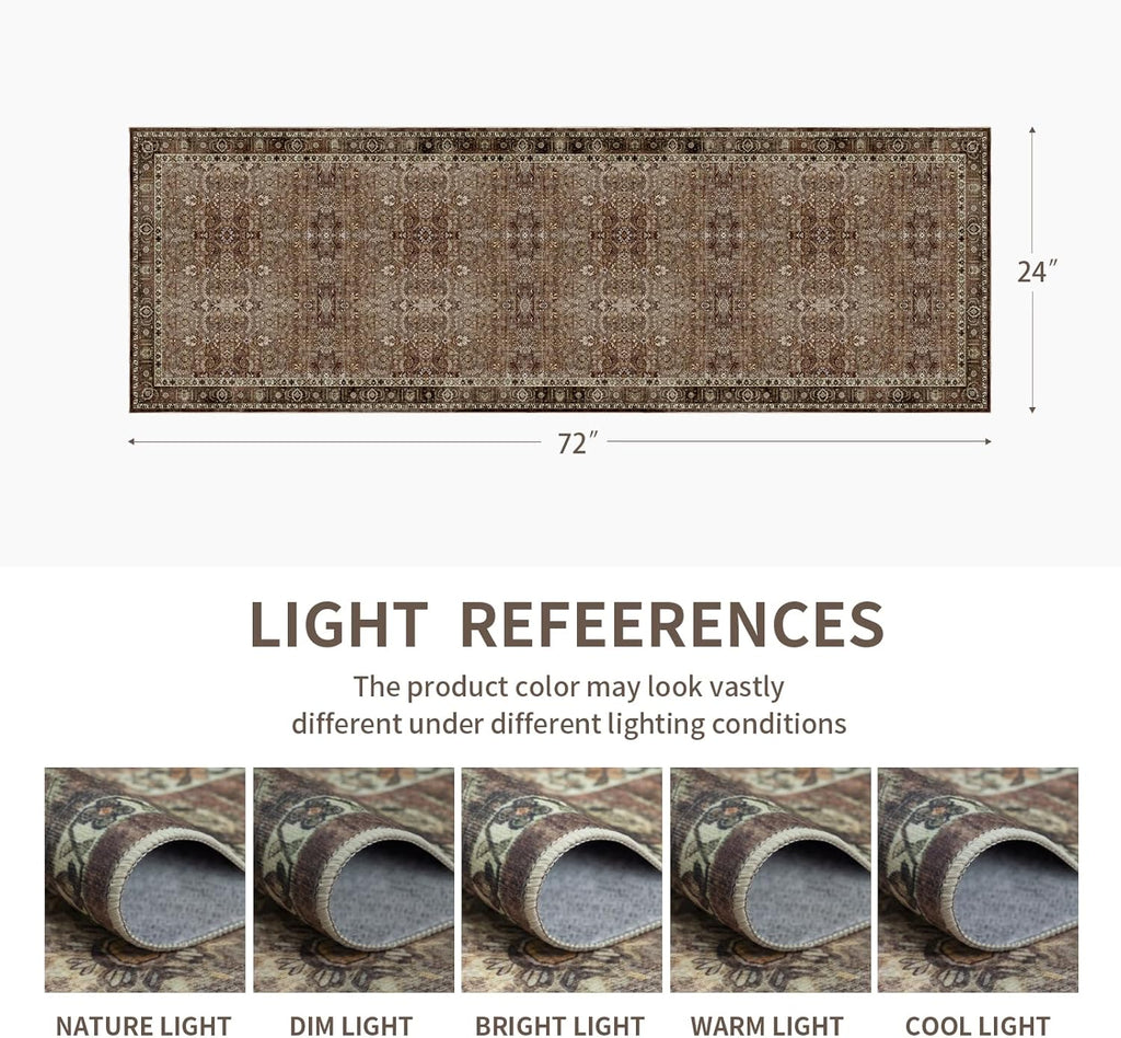 Washable Runner Hallway Rug,Low Pile 2x6 Non Slip Non-Shedding Kitchen Carpet Soft Indoor Stain Resistant Rug for Bedroom Laundry Room Bathroom Brown Floral