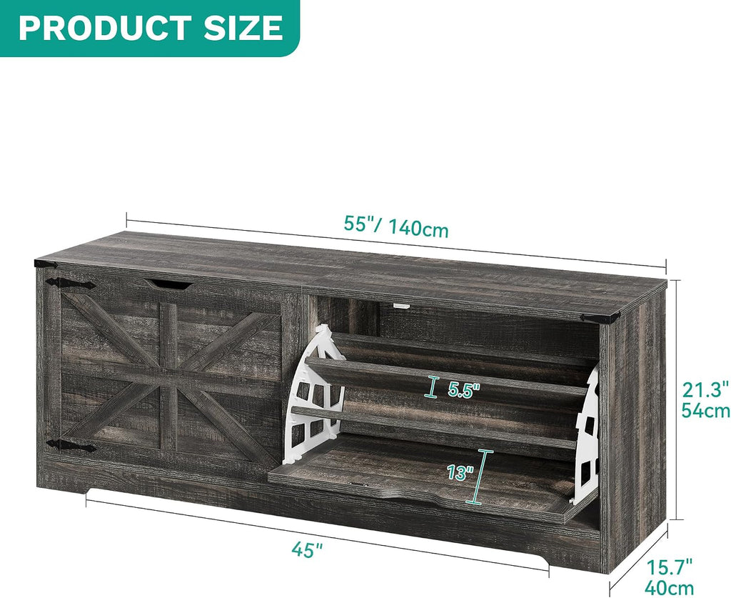 YITAHOME 55" L Farmhouse Shoe Storage Bench with Flip-Top Seat & 3 Tilt-Out Drawers, Entryway Organizer for Mudroom, Hallway, Cloakroom