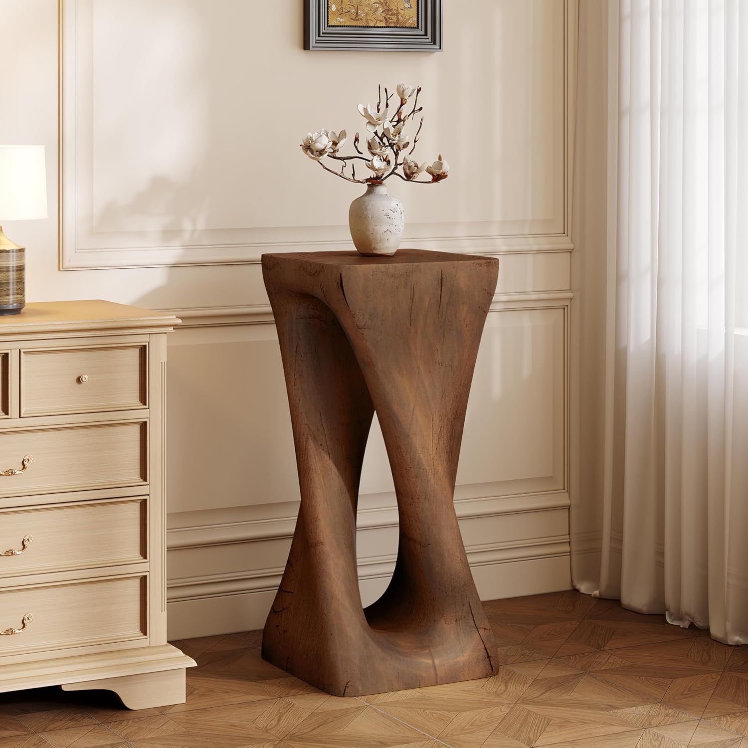 IRONORA Twisted Hollow Wood Grain Pedestal Side Table, Rustic Hourglass Sculpture Accent End Table, Heavy Duty Decorative Console Table for Entryway Living Room Wabi Sabi Farmhouse Decor