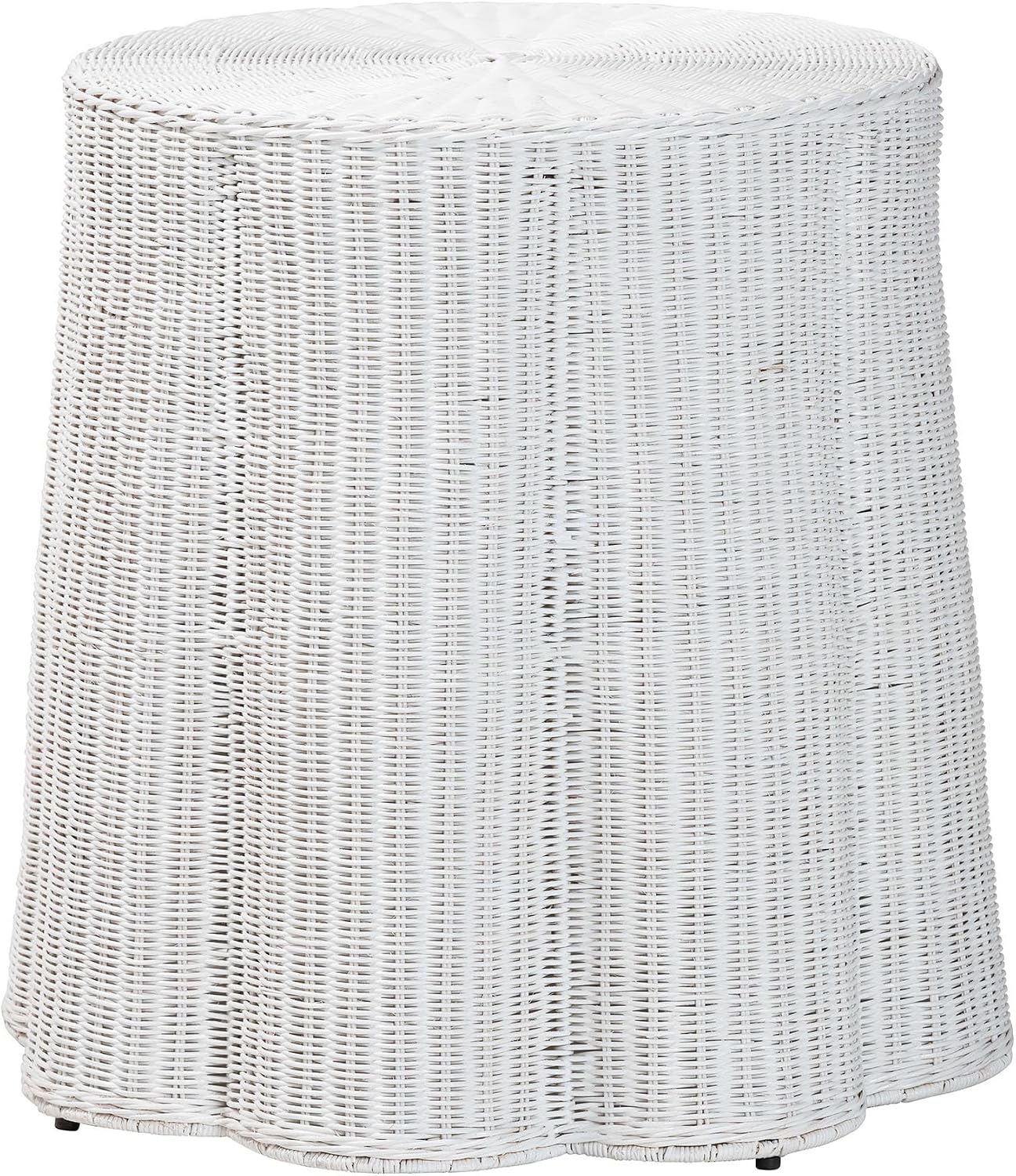 Bali & pari Palm Scallop Rattan Console Table – Handwoven Wicker Round Accent Table for Living Room, Sunroom or Foyer Place, Coastal Boho Style in White