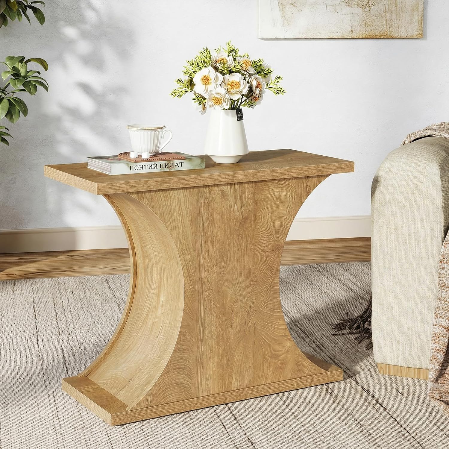 Tribesigns 31.5" Modern Side Table, Rectangle Narrow End Table with Hourglass Base, Farmhouse Wooden Nightstand for Small Spaces, for Living Room, Bedroom (1)