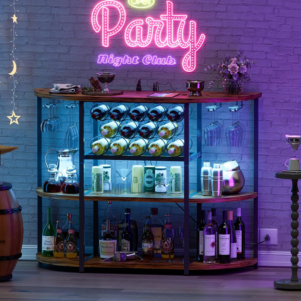 Furmax Wine Bar Cabinet for Liquor Bar Table Bar Cabinet with Lights and Outlet 4-Tier Storage Freestanding Wine Racks with Glass Holder Mini Bars for Home, Bar