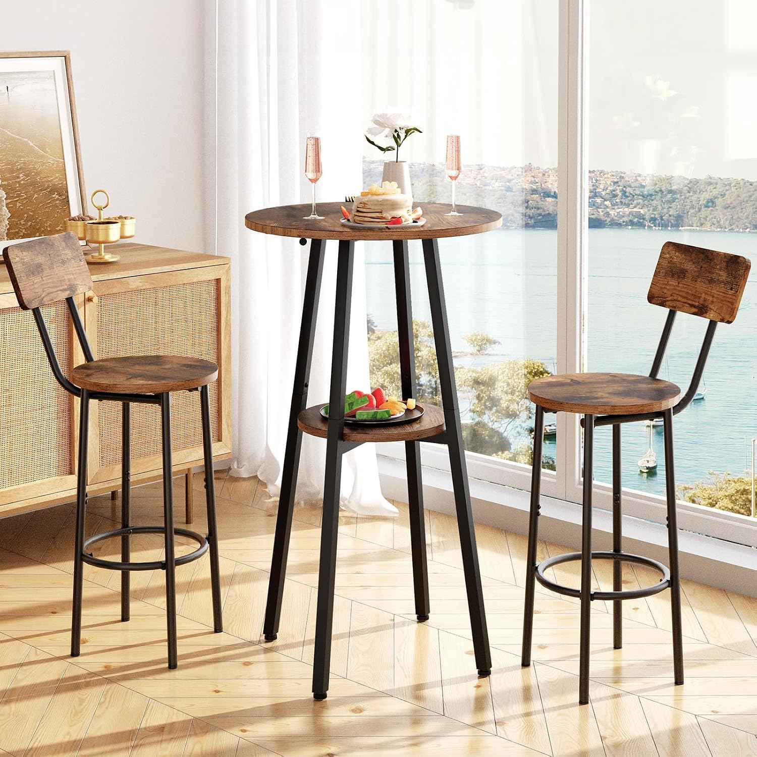 HOOBRO 3 Pieces Round Bar Height Table and Chairs Set, Round Dining Table Set, Pub Table and Chairs for Small Space, 2 Tier Kitchen Table and Bar Stools with Back, Rustic Brown BF35BT01