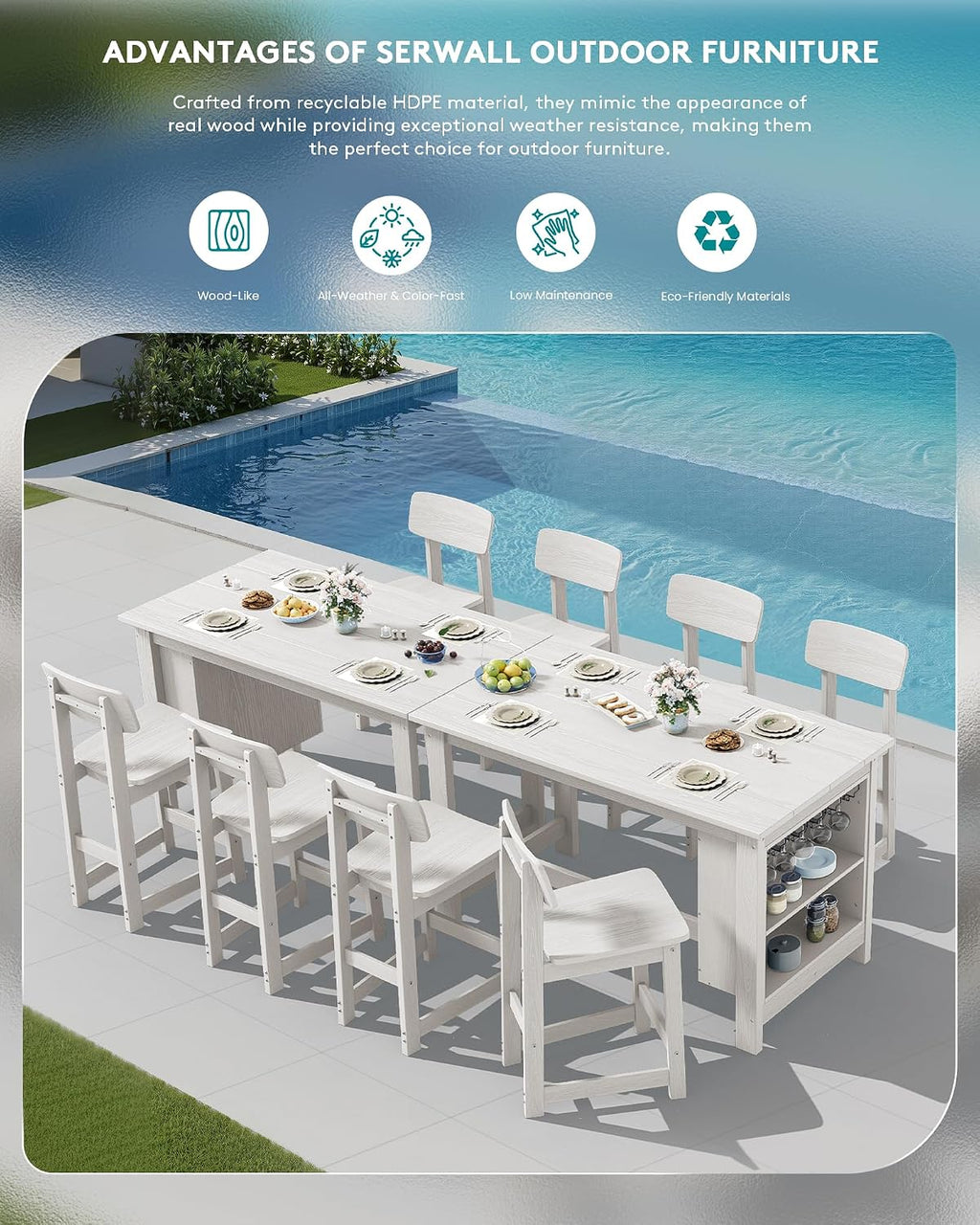 SERWALL Outdoor Bar Stools Set of 2, All Weather HDPE 25" Counter Height Bar Stools with Back, Outdoor Armless Barstools for Patio, Garden, Backyard, Balcony, Poolside, White