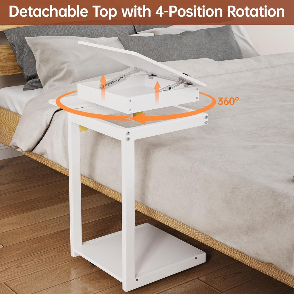 OtterOasis C Shaped End Table for Couch C Table with Wheels Folding Desktop Wood Rolling Side Table with Storage Desk Tv Tables Lockable Wheel for Couch, Living Room, Bedroom, White