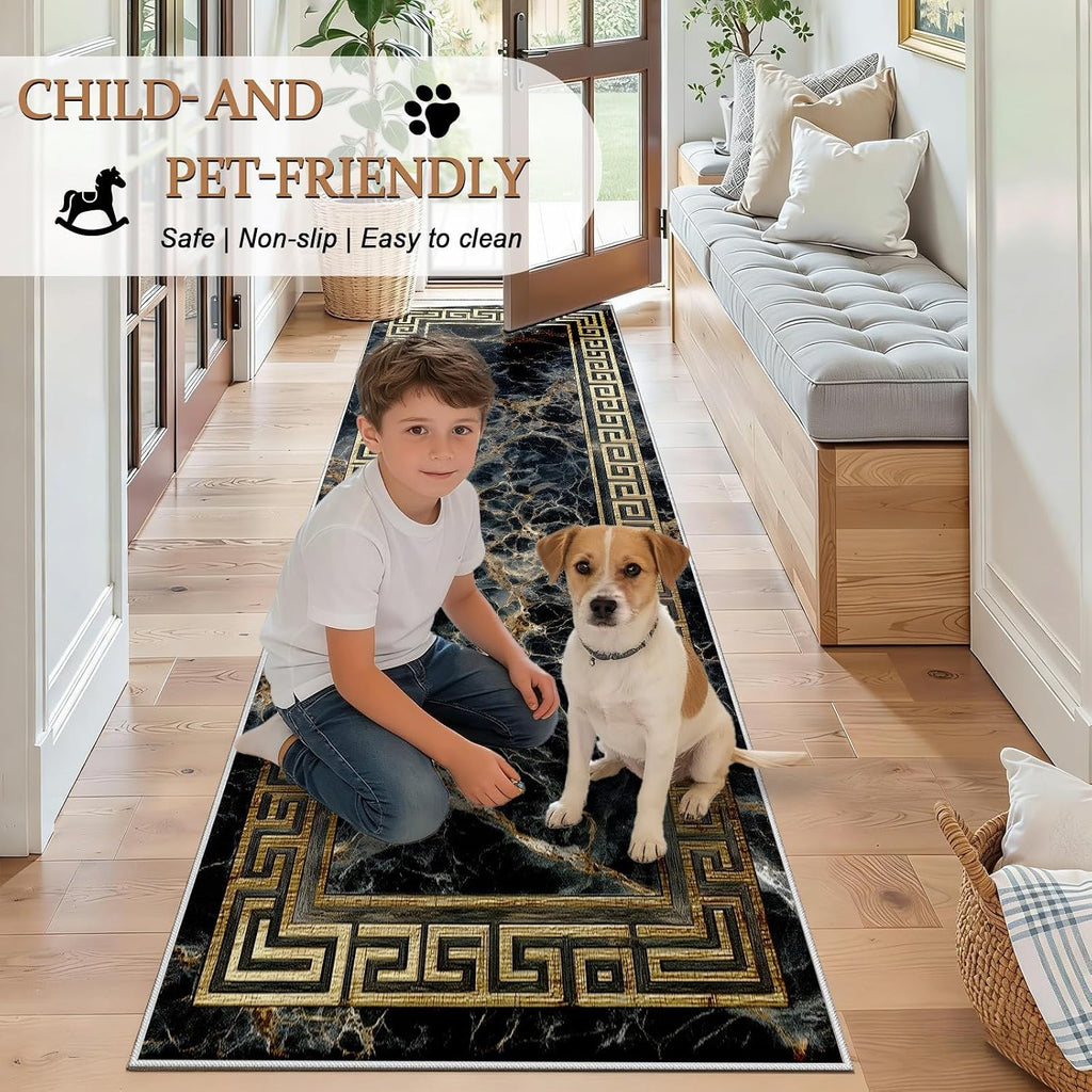 Greek Key Runner Rug 2x10 Washable Runners for Hallways, Non Slip Kitchen Runner Marble Printed Faux Wool Entryway Runner Indoor, Modern Black and Gold Floor Carpet for Hall Kitchen Bedroom