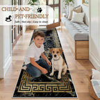 Greek Key Runner Rug 2x10 Washable Runners for Hallways, Non Slip Kitchen Runner Marble Printed Faux Wool Entryway Runner Indoor, Modern Black and Gold Floor Carpet for Hall Kitchen Bedroom