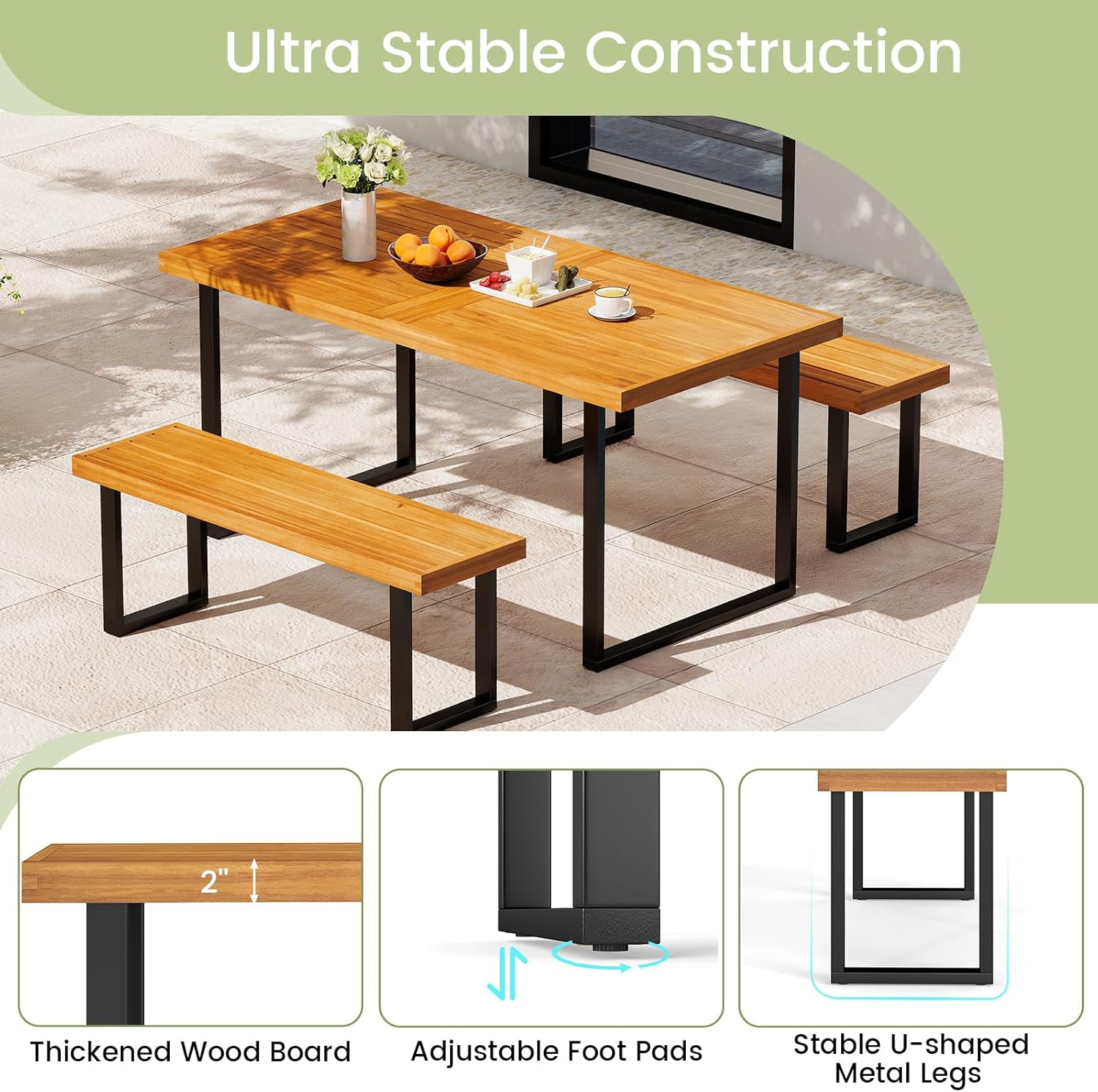 RELAX4LIFE Outdoor Bench Acacia Wood - 48’’ Garden Patio Dining Bench w/Slatted Seat, Metal Legs, 2-Person Backless Picnic Loveseat, Farmhouse Indoor Outdoor Furniture for Entryway Deck Park Porch (1)