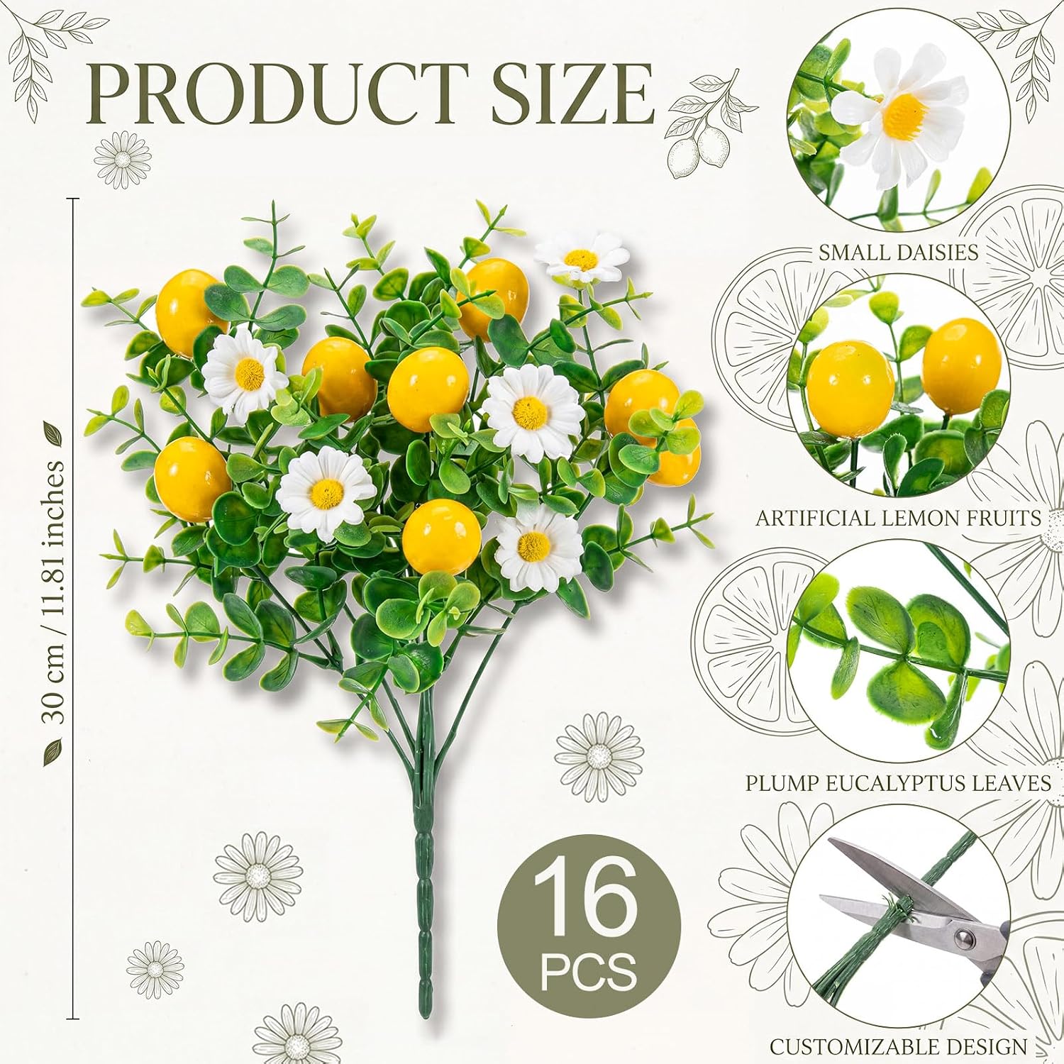 16 Pcs Artificial Lemon Branches Decor Centerpieces for Tables Fake Fruit Lemon Bouquet Summer Yellow Faux Flower Farmhouse Outdoor Decor for Kitchen Home Bathroom Wedding Party