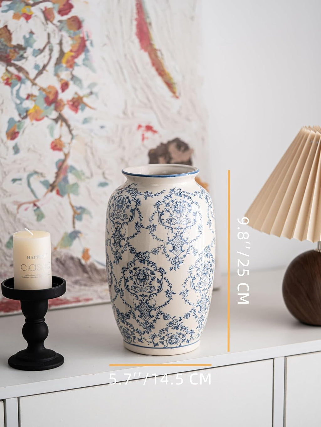 Blue and White Vase, Vintage Blue Ceramic Flower Vessel,Ceramic vases for Home Decor,Vintage Vase for Home Decor, Living Room, Shelf, Office, Rustic Table Centerpiece (Blue and white-01, Large)