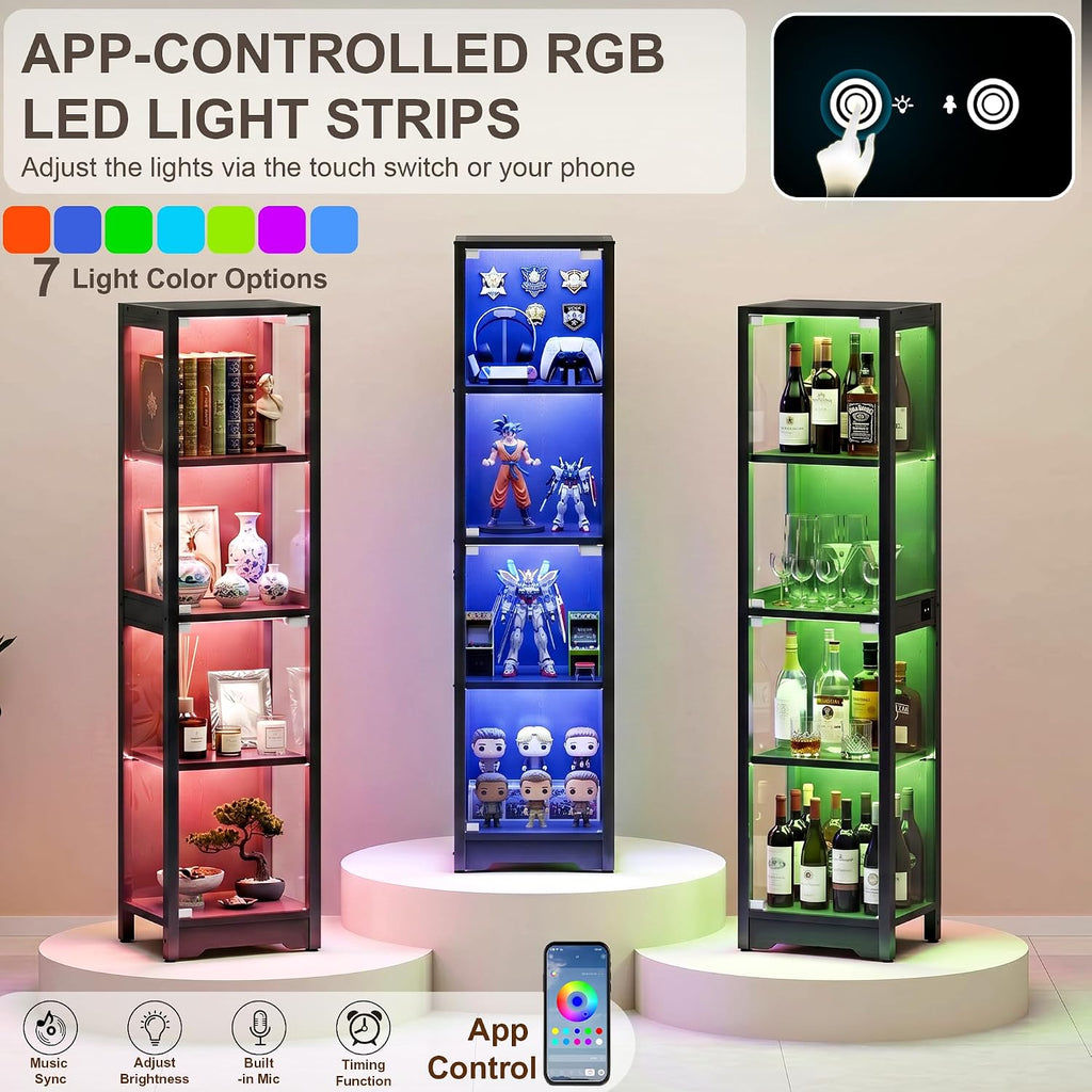 DreamDashio Display Cabinet with Glass Doors, 4-Tier Curio Cabinet with App RGB Lights for Collectibles, Display Case with Human Body Sensor, Corner Cabinet, Bookcase, Storage Cabinets, Black