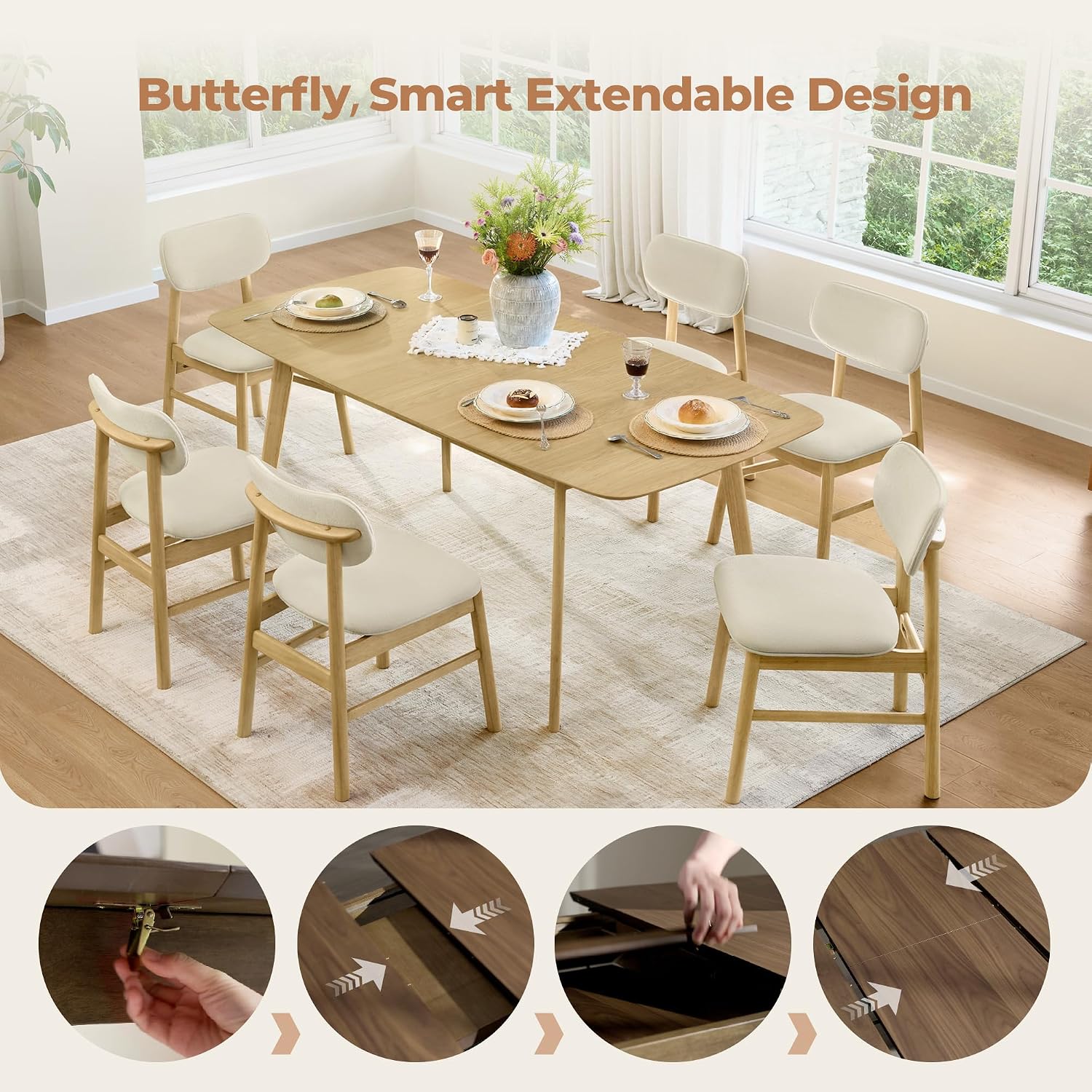 CHITA 47"-59" Extendable Dining Room Table for 4, Modern Wood Dining Table for Small Spaces, Kitchen, Space Saving Hidden Leaves, Solid Rubberwood Frame, Oak Veneer