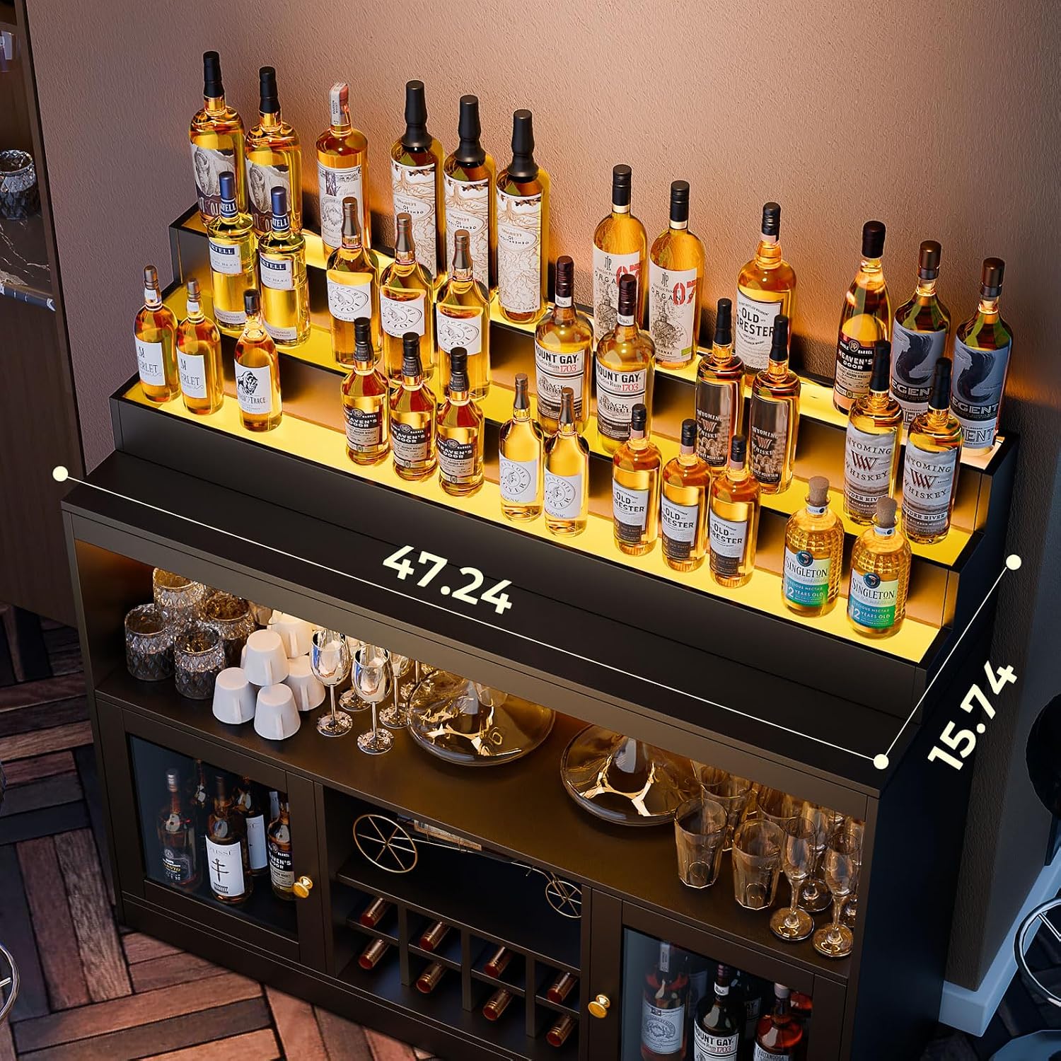 Loomie Wine Bar Cabinet with LED Lighted Liquor Bottle Display Shelf, Liquor Cabinet with Glass Holder, Coffee Bar for Liquor, Storage Buffet with Wine Racks, Wine Cabinet with Door (Black)