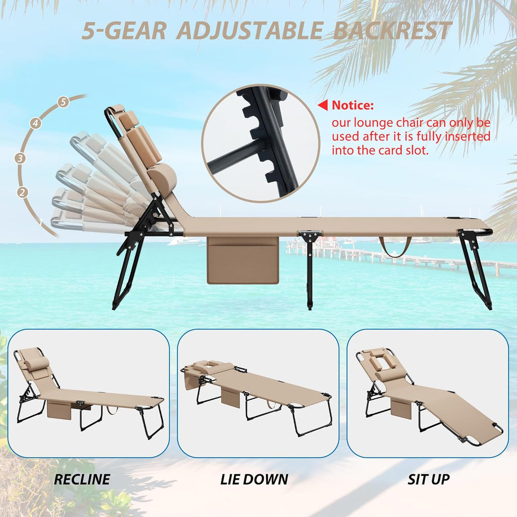 400lbs Tanning Chair with Face Hole, 5-Position Folding Chaise Lounge Chair with Side Pockets, Portable Beach Lounge Chair for Outdoor Sunbathing Patio Pool Lawn, Beige