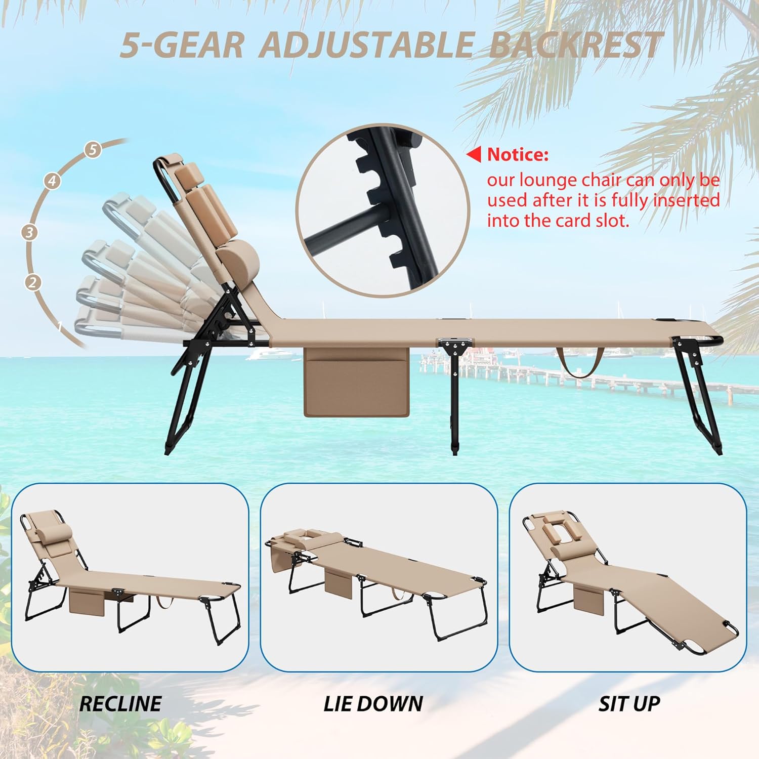 400lbs Tanning Chair with Face Hole, 5-Position Folding Chaise Lounge Chair with Side Pockets, Portable Beach Lounge Chair for Outdoor Sunbathing Patio Pool Lawn, Beige