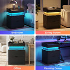 Nightstand with Charging Station and LED Lights, Night Stand with Sliding Top, Modern End Side Table with 2 Drawers, Bedside Table for Bedroom, Living Room, Office, Black