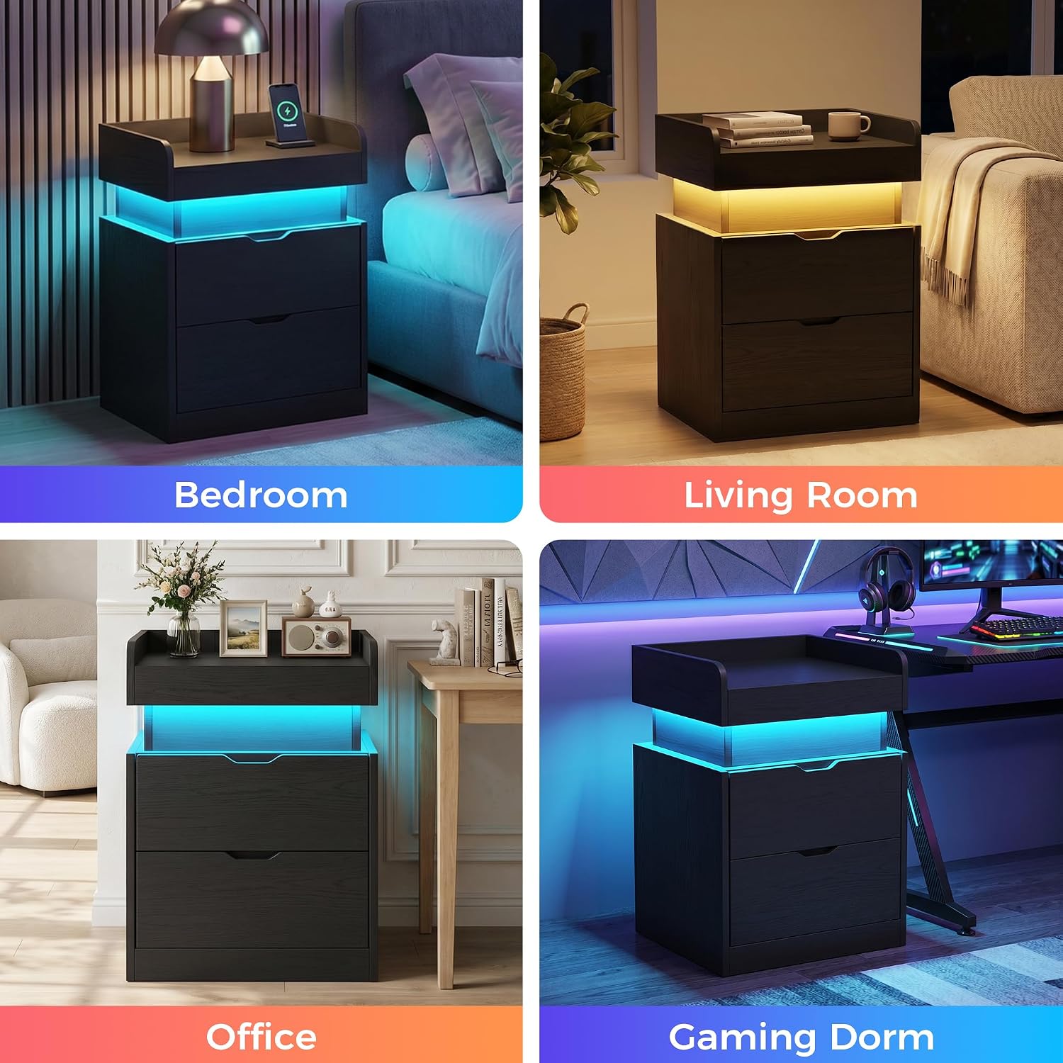 Nightstand with Charging Station and LED Lights, Night Stand with Sliding Top, Modern End Side Table with 2 Drawers, Bedside Table for Bedroom, Living Room, Office, Black