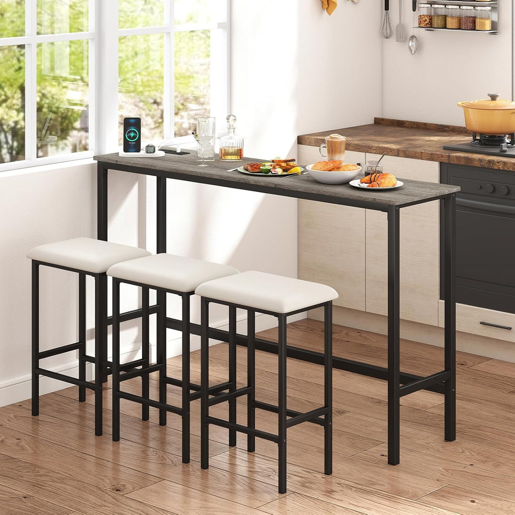 COSTWAY 4 Pieces Counter Height Bar Table Set with Power Outlet, 60" Farmhouse Modern Dining Table w/ 3 Padded Stools, Long Kitchen Island Table and Upholstered Chairs for Breakfast Nook, Small Spaces