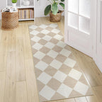Beeiva Checkered Print Carpet Runners for Hallway 6ft, Beige Ultra Thin Washable Kitchen Runner Rug Non Slip, Moroccan Plaid Checkerboard Decor Faux Wool 2x6 Rug for Bedroom Bathroom Entryway
