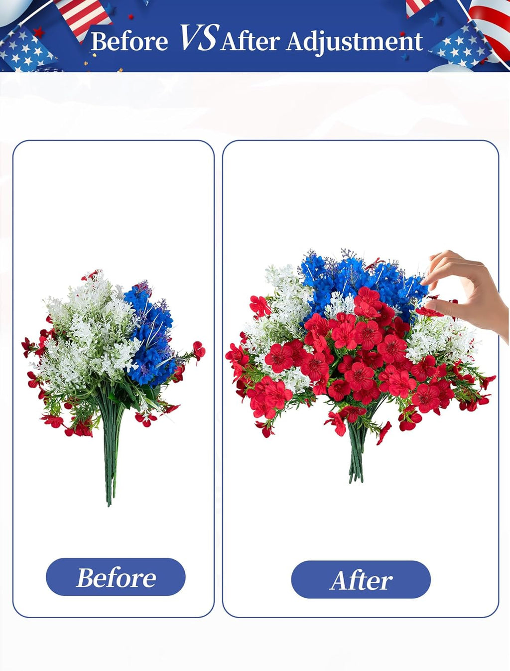 BLOSMON 4th of July Flowers for Porch: 12 Pcs Red White and Blue Fake Flower with Flag for Outdoors Planters - Patriotic Artificial Floral Plants America 250 Anniversary Outside Window Box Decoration