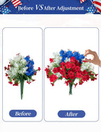 BLOSMON 4th of July Flowers for Porch: 12 Pcs Red White and Blue Fake Flower with Flag for Outdoors Planters - Patriotic Artificial Floral Plants America 250 Anniversary Outside Window Box Decoration